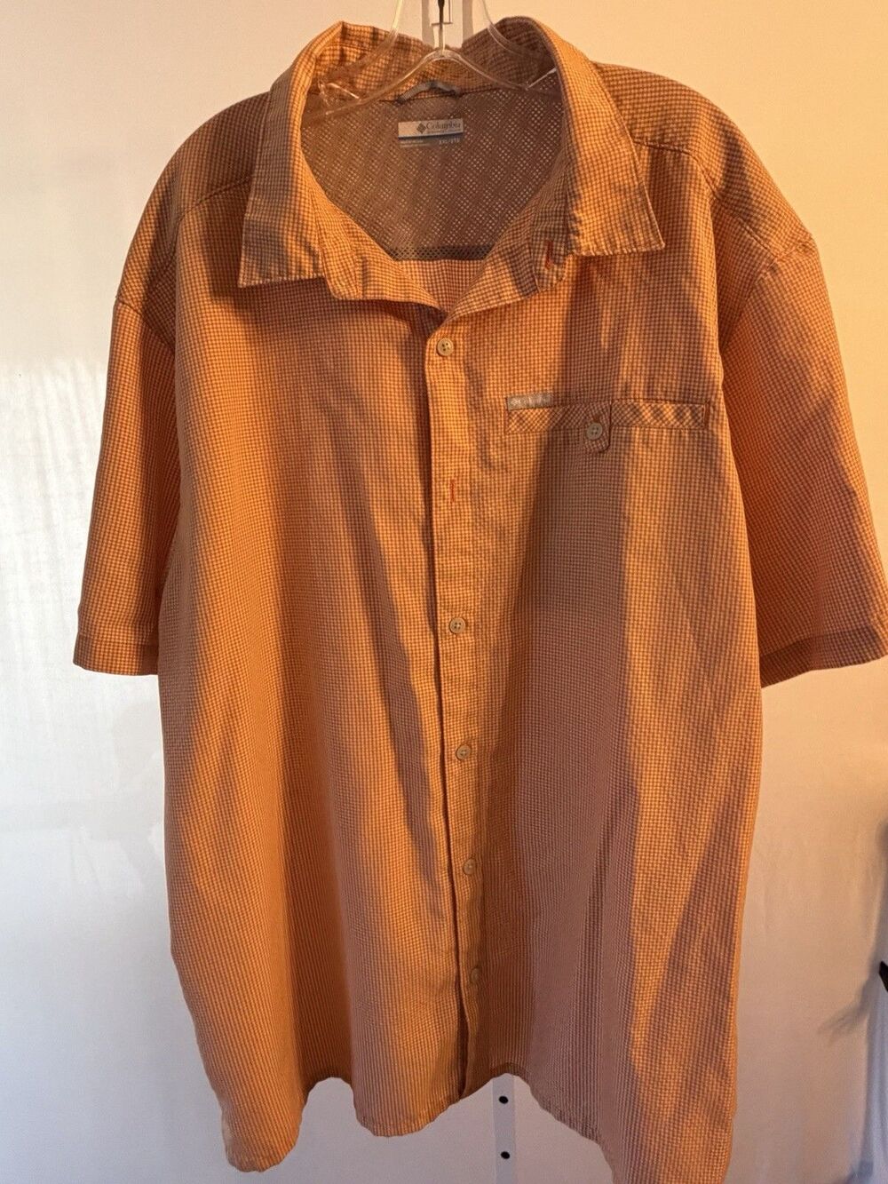 Columbia Men XXL Orange Short Sleeve Vented Fish Shirt Button Up Check Outdoor